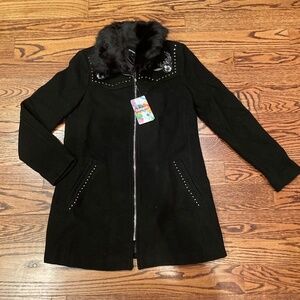 Desigual Faux-Fur Embroidered Studded Coat 38 NWOT